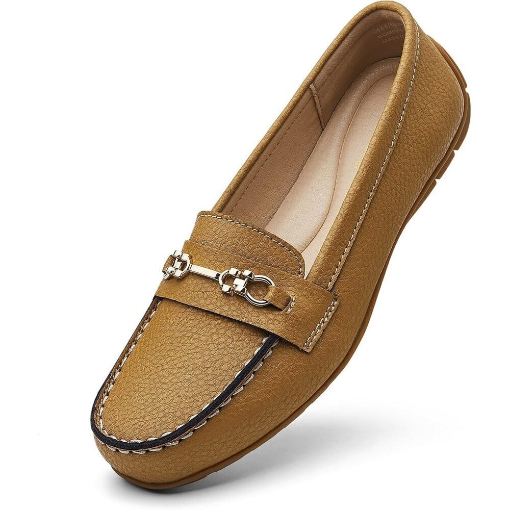 Kordal Women's Brown Leather Gold Accent Buckle Slip-Ons Walking Flats Loafers